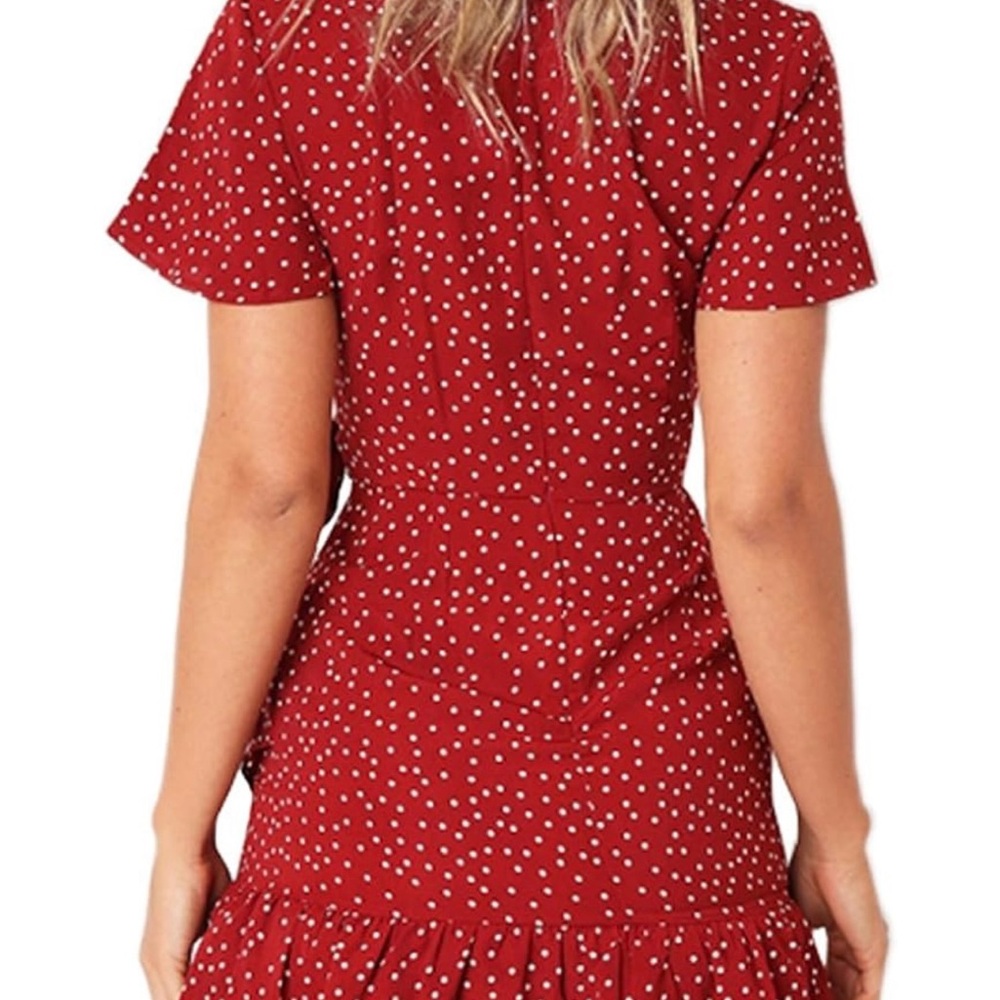 White Polka Dot Short Sleeve Red Ruffle Mini Wrap Dress - Picture 2 of 9